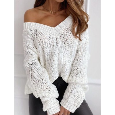 Women V  Neck Solid Color Knitting Hollow Out Casual Sweaters