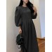 Pleat Solid Puff Sleeve Round Neck Midi Dress