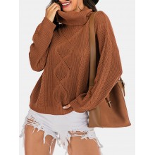 Women Solid Color High Neck Pullover Casual Warm Ribbed Knitted Sweater