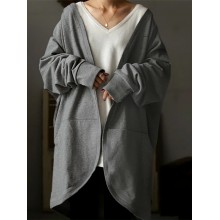 Women Cropped Knitted Pure Color Casual Retro Daily V  Neck Big Pocket Cardigan